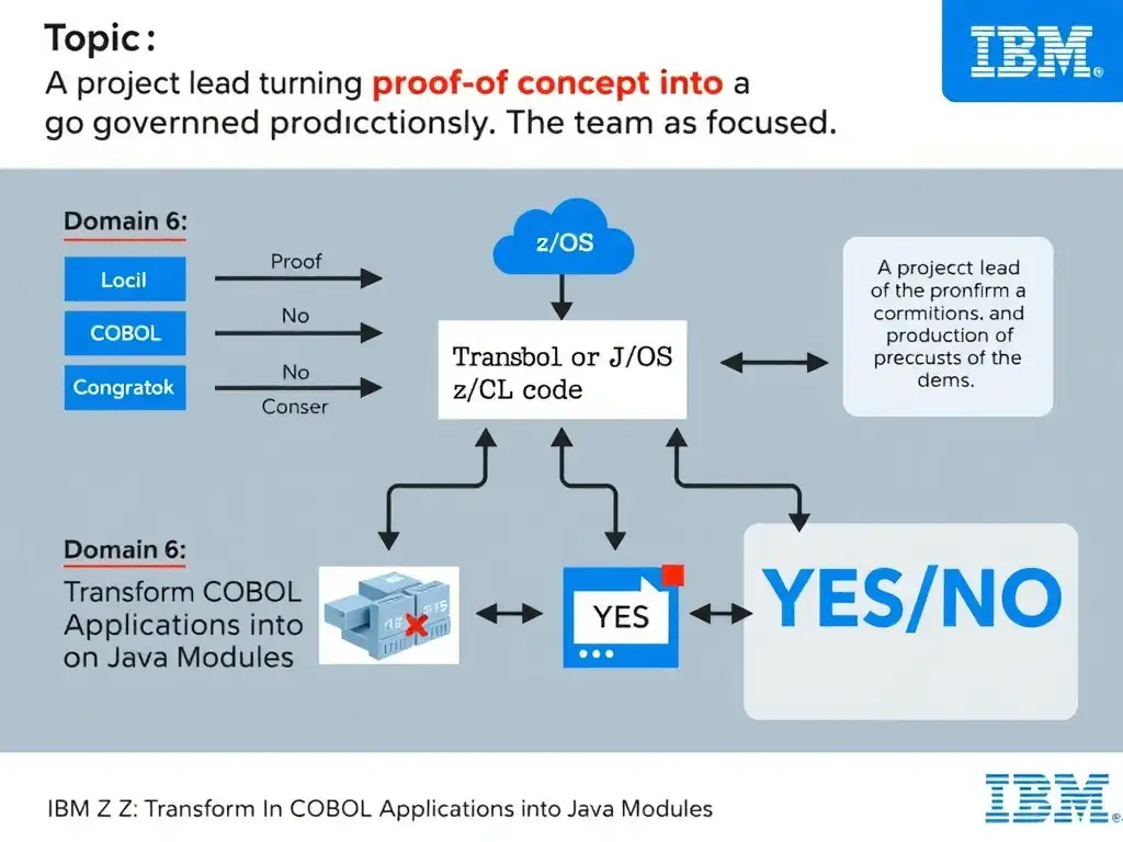 Clean educational infographic for IBM mainframe certification. Topic: A project lead is turning a proof of concept into a governed production workflow. The team is focuse. Domain: Domain 6: Transform COBOL Applications into Java Modules. Show IBM Z system architecture diagram with labeled components, z/OS flow arrows, COBOL or JCL code snippet in a highlighted box, and a clear YES/NO comparison panel. Professional blue, white, and gray color scheme with bold IBM-style typography.