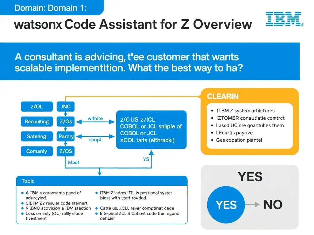 Clean educational infographic for IBM mainframe certification. Topic: A consultant is advising a customer that wants a scalable implementation. What is the best way to ha. Domain: Domain 1: watsonx Code Assistant for Z Overview. Show IBM Z system architecture diagram with labeled components, z/OS flow arrows, COBOL or JCL code snippet in a highlighted box, and a clear YES/NO comparison panel. Professional blue, white, and gray color scheme with bold IBM-style typography.