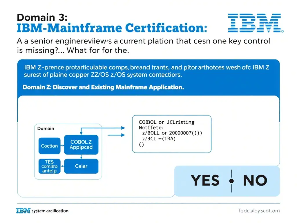 Clean educational infographic for IBM mainframe certification. Topic: A senior engineer reviews the current plan and notices that one key control is missing. What is the. Domain: Domain 3: Discover and Explain Existing Mainframe Applicatio. Show IBM Z system architecture diagram with labeled components, z/OS flow arrows, COBOL or JCL code snippet in a highlighted box, and a clear YES/NO comparison panel. Professional blue, white, and gray color scheme with bold IBM-style typography.