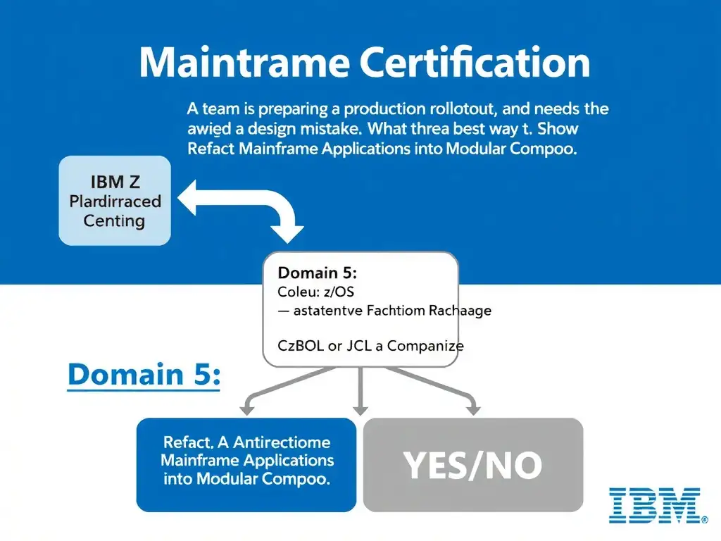 Clean educational infographic for IBM mainframe certification. Topic: A team is preparing a production rollout and needs to avoid a design mistake. What is the best way t. Domain: Domain 5: Refactor Mainframe Applications into Modular Compo. Show IBM Z system architecture diagram with labeled components, z/OS flow arrows, COBOL or JCL code snippet in a highlighted box, and a clear YES/NO comparison panel. Professional blue, white, and gray color scheme with bold IBM-style typography.