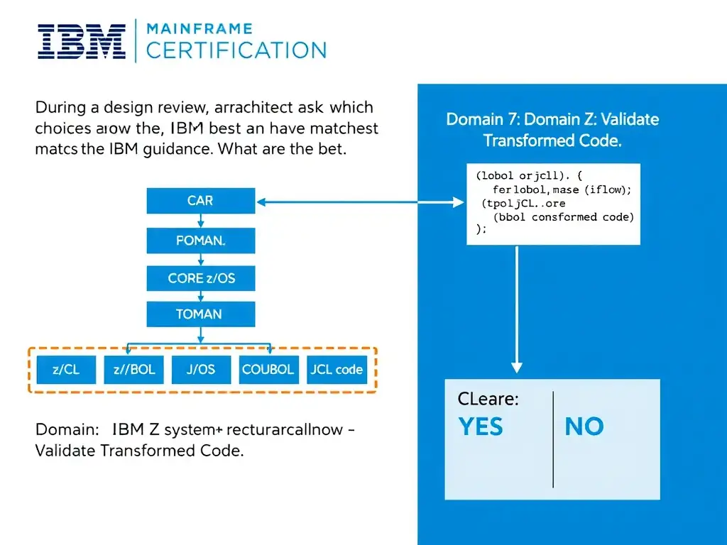 Clean educational infographic for IBM mainframe certification. Topic: During a design review, an architect asks which choice best matches the IBM guidance. What is the be. Domain: Domain 7: Validate Transformed Code. Show IBM Z system architecture diagram with labeled components, z/OS flow arrows, COBOL or JCL code snippet in a highlighted box, and a clear YES/NO comparison panel. Professional blue, white, and gray color scheme with bold IBM-style typography.