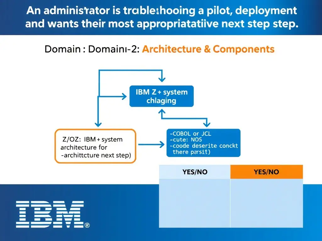 Clean educational infographic for IBM mainframe certification. Topic: An administrator is troubleshooting a pilot deployment and wants the most appropriate next step. For. Domain: Domain 2: Architecture & Components. Show IBM Z system architecture diagram with labeled components, z/OS flow arrows, COBOL or JCL code snippet in a highlighted box, and a clear YES/NO comparison panel. Professional blue, white, and gray color scheme with bold IBM-style typography.