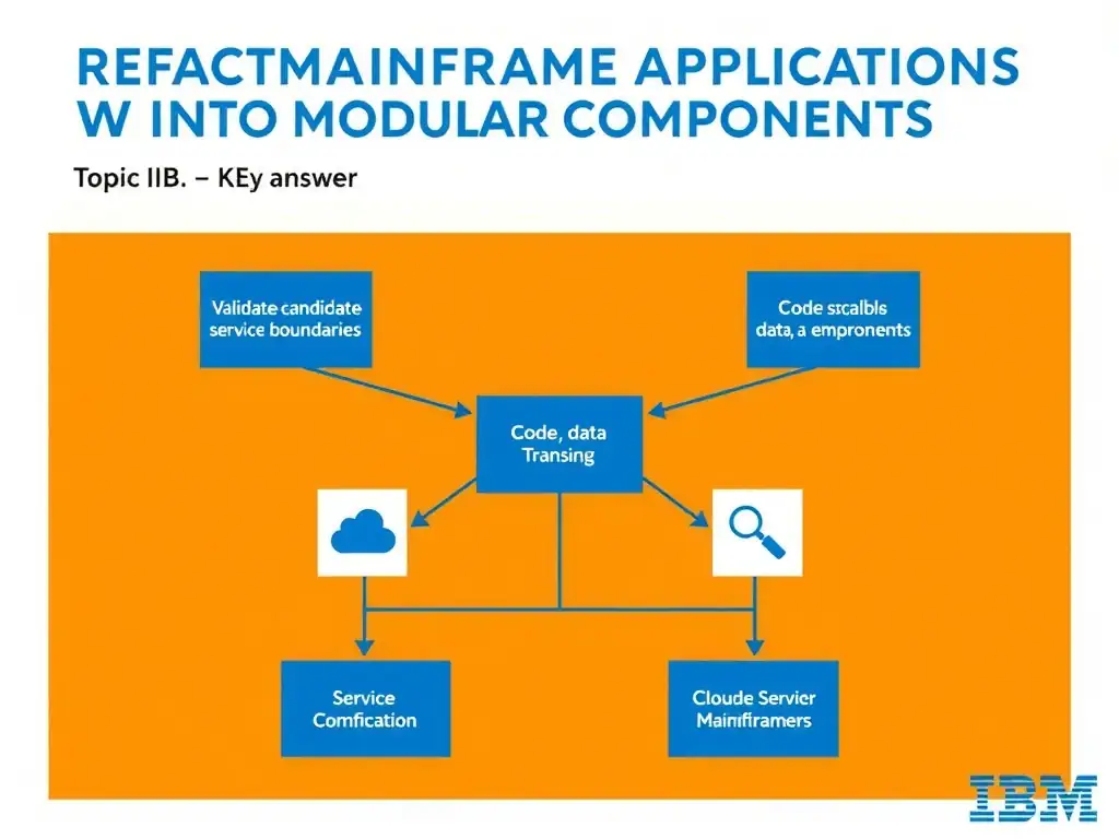 Clean educational infographic for IBM mainframe certification. Topic: A consultant is advising a customer that wants a scalable implementation. For IBM Certified watsonx Mainframe Modernizat. Domain: Domain 5: Refactor Mainframe Applications into Modular Components. Show IBM Z system architecture diagram with labeled components, z/OS flow arrows, COBOL or JCL code snippet in a highlighted box, and a clear YES/NO comparison panel. Professional blue, white, and gray color scheme with bold IBM-style typography.