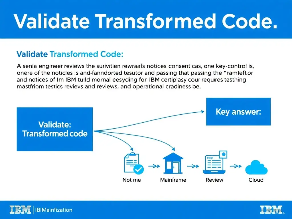 Clean educational infographic for IBM mainframe certification. Topic: A senior engineer reviews the current plan and notices that one key control is missing. For IBM Certified watsonx Mainfr. Domain: Domain 7: Validate Transformed Code. Show IBM Z system architecture diagram with labeled components, z/OS flow arrows, COBOL or JCL code snippet in a highlighted box, and a clear YES/NO comparison panel. Professional blue, white, and gray color scheme with bold IBM-style typography.