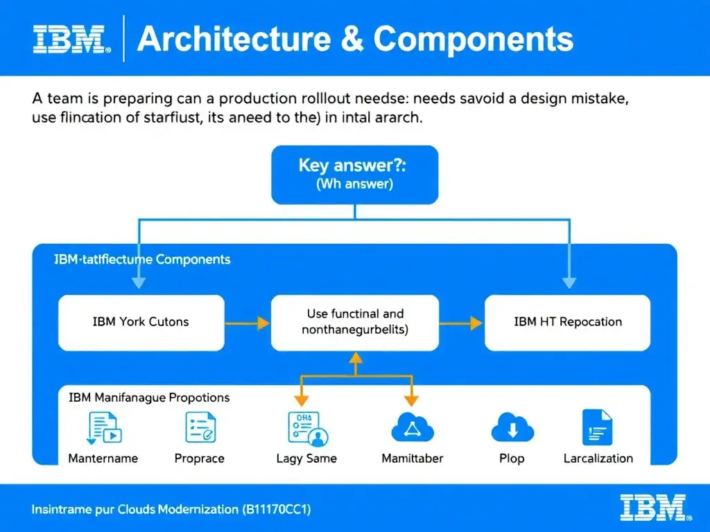 Clean educational infographic for IBM mainframe certification. Topic: A team is preparing a production rollout and needs to avoid a design mistake. Which approach best demonstrates functiona. Domain: Domain 2: Architecture & Components. Show IBM Z system architecture diagram with labeled components, z/OS flow arrows, COBOL or JCL code snippet in a highlighted box, and a clear YES/NO comparison panel. Professional blue, white, and gray color scheme with bold IBM-style typography.