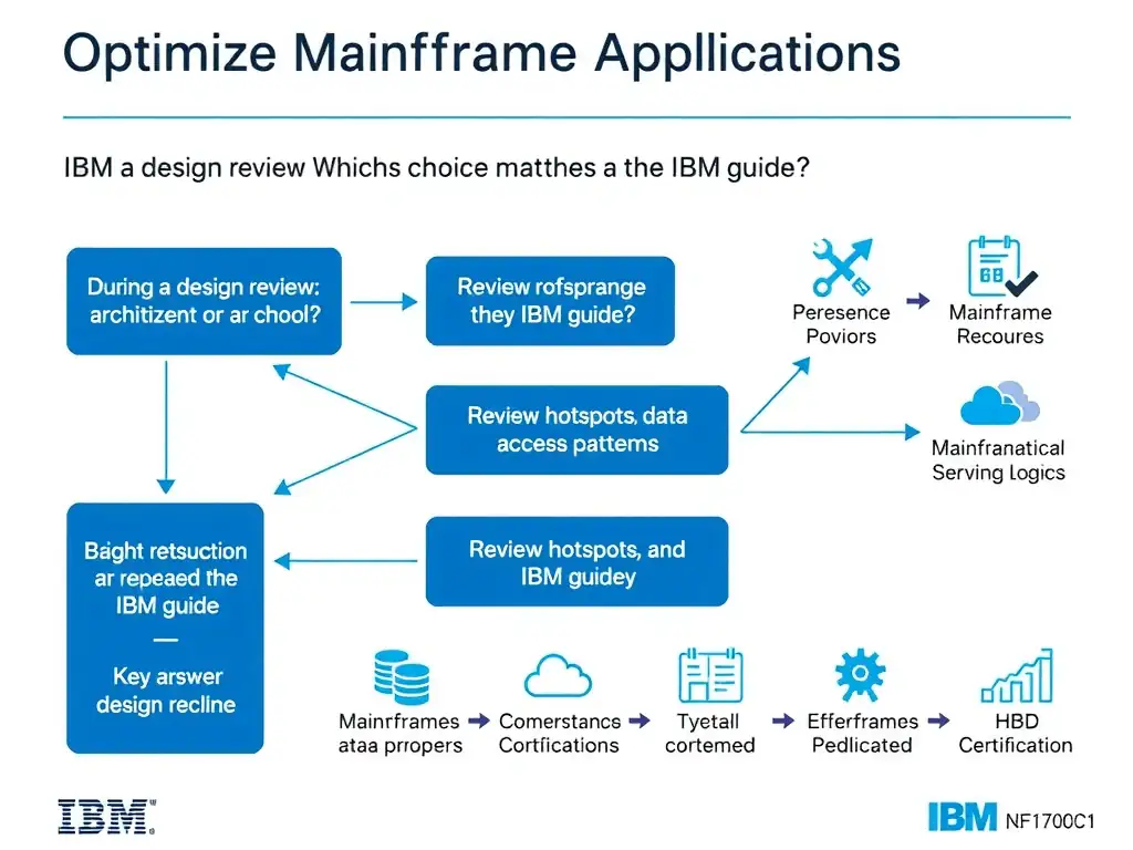 Clean educational infographic for IBM mainframe certification. Topic: During a design review, an architect asks which choice best matches the IBM guidance. Which approach best demonstrates p. Domain: Domain 4: Optimize Mainframe Applications. Show IBM Z system architecture diagram with labeled components, z/OS flow arrows, COBOL or JCL code snippet in a highlighted box, and a clear YES/NO comparison panel. Professional blue, white, and gray color scheme with bold IBM-style typography.