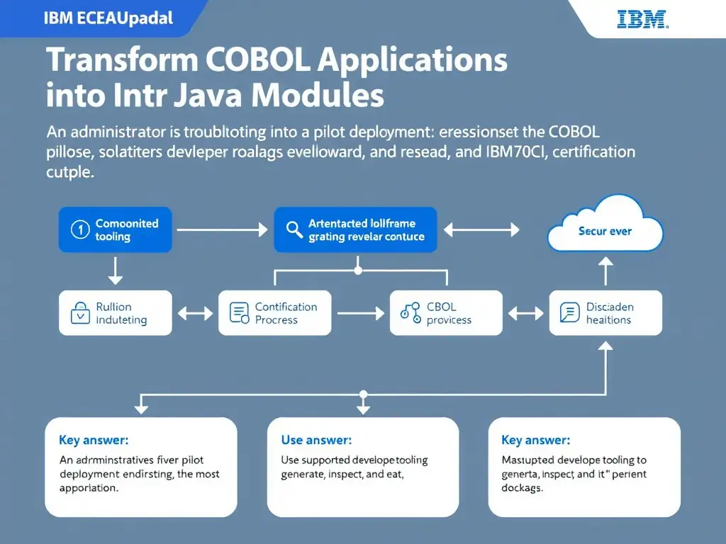 Clean educational infographic for IBM mainframe certification. Topic: An administrator is troubleshooting a pilot deployment and wants the most appropriate next step. Which approach best dem. Domain: Domain 6: Transform COBOL Applications into Java Modules. Show IBM Z system architecture diagram with labeled components, z/OS flow arrows, COBOL or JCL code snippet in a highlighted box, and a clear YES/NO comparison panel. Professional blue, white, and gray color scheme with bold IBM-style typography.