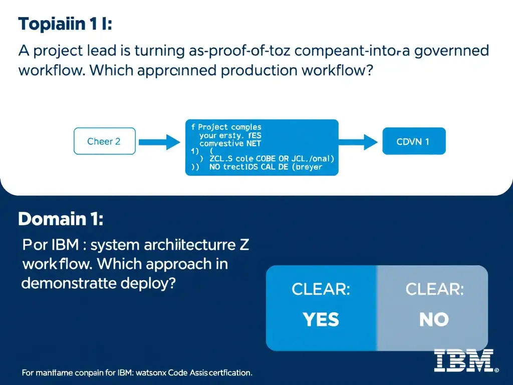 Clean educational infographic for IBM mainframe certification. Topic: A project lead is turning a proof of concept into a governed production workflow. Which approach best demonstrates deplo. Domain: Domain 1: watsonx Code Assistant for Z Overview. Show IBM Z system architecture diagram with labeled components, z/OS flow arrows, COBOL or JCL code snippet in a highlighted box, and a clear YES/NO comparison panel. Professional blue, white, and gray color scheme with bold IBM-style typography.