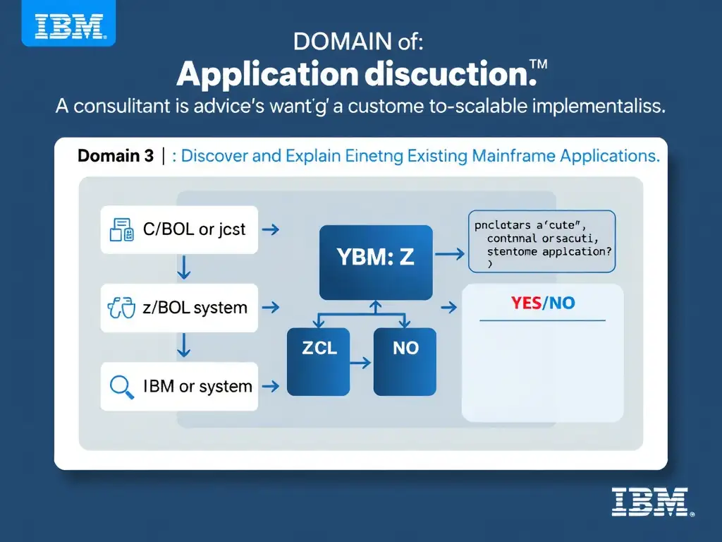 Clean educational infographic for IBM mainframe certification. Topic: A consultant is advising a customer that wants a scalable implementation. The team is focused on application discovery.. Domain: Domain 3: Discover and Explain Existing Mainframe Applications. Show IBM Z system architecture diagram with labeled components, z/OS flow arrows, COBOL or JCL code snippet in a highlighted box, and a clear YES/NO comparison panel. Professional blue, white, and gray color scheme with bold IBM-style typography.