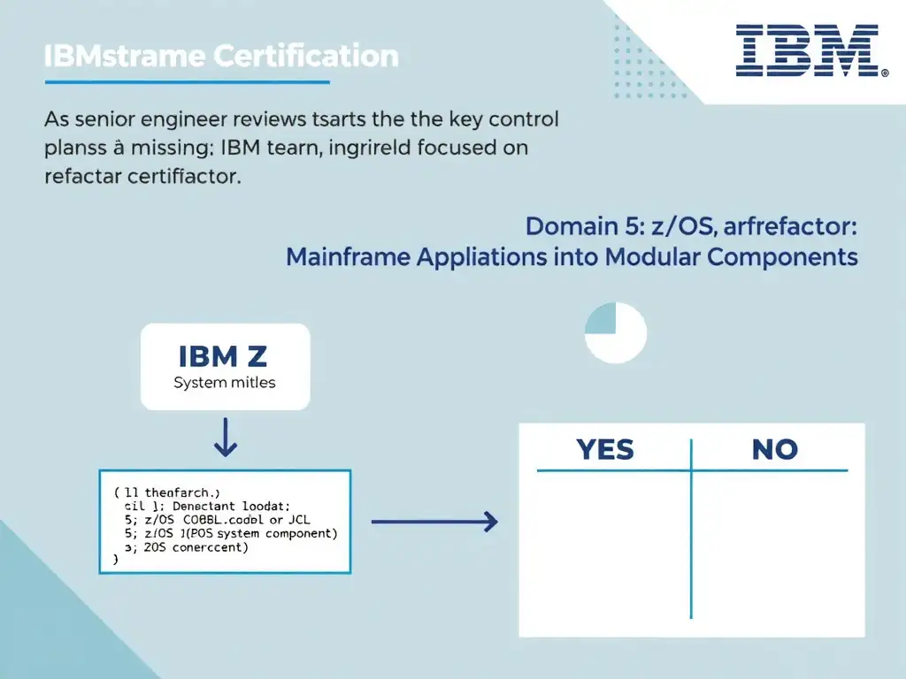Clean educational infographic for IBM mainframe certification. Topic: A senior engineer reviews the current plan and notices that one key control is missing. The team is focused on refactori. Domain: Domain 5: Refactor Mainframe Applications into Modular Components. Show IBM Z system architecture diagram with labeled components, z/OS flow arrows, COBOL or JCL code snippet in a highlighted box, and a clear YES/NO comparison panel. Professional blue, white, and gray color scheme with bold IBM-style typography.