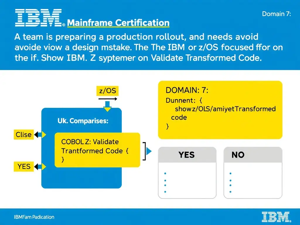 Clean educational infographic for IBM mainframe certification. Topic: A team is preparing a production rollout and needs to avoid a design mistake. The team is focused on validation error fi. Domain: Domain 7: Validate Transformed Code. Show IBM Z system architecture diagram with labeled components, z/OS flow arrows, COBOL or JCL code snippet in a highlighted box, and a clear YES/NO comparison panel. Professional blue, white, and gray color scheme with bold IBM-style typography.