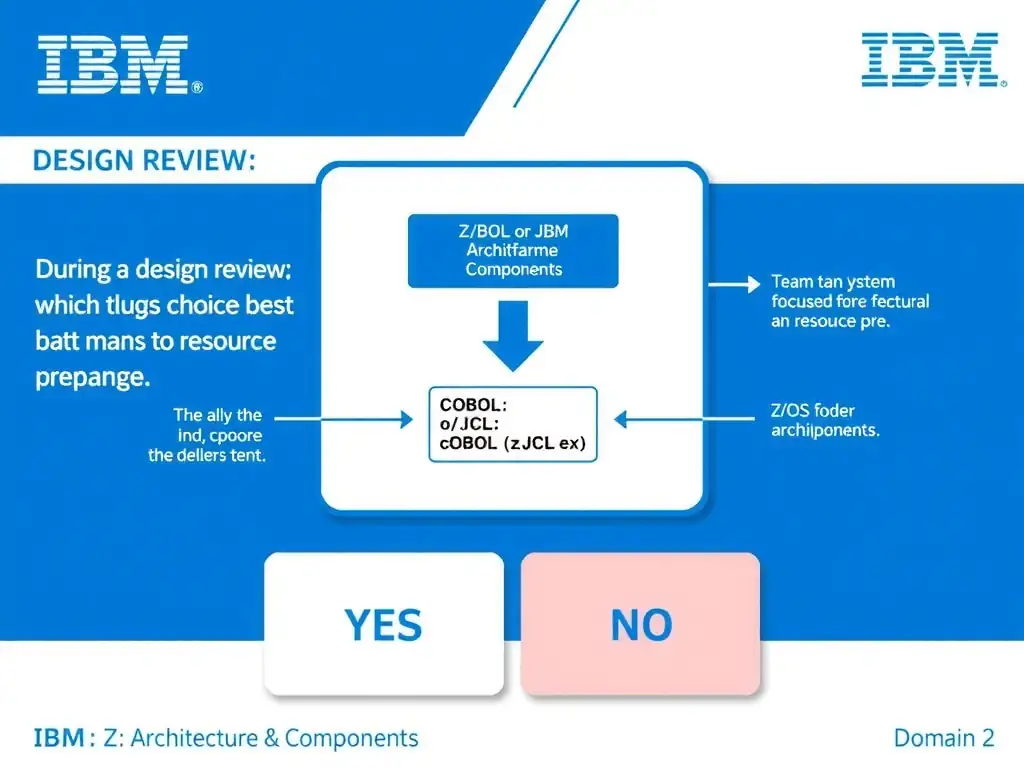 Clean educational infographic for IBM mainframe certification. Topic: During a design review, an architect asks which choice best matches the IBM guidance. The team is focused on resource pr. Domain: Domain 2: Architecture & Components. Show IBM Z system architecture diagram with labeled components, z/OS flow arrows, COBOL or JCL code snippet in a highlighted box, and a clear YES/NO comparison panel. Professional blue, white, and gray color scheme with bold IBM-style typography.