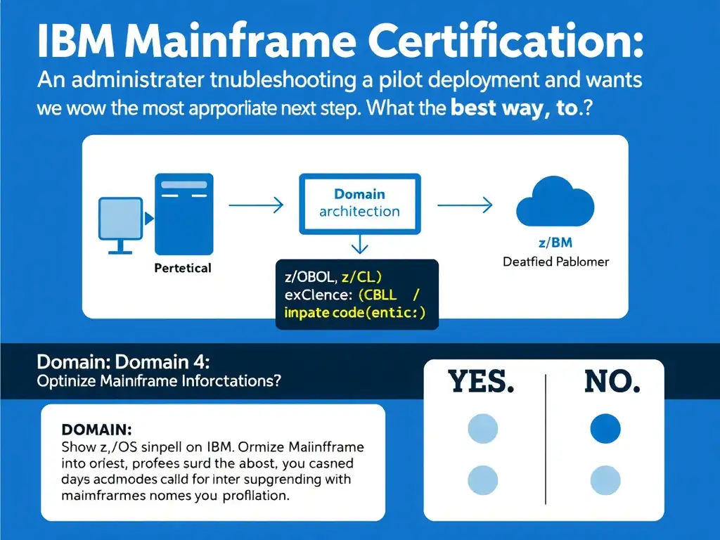 Clean educational infographic for IBM mainframe certification. Topic: An administrator is troubleshooting a pilot deployment and wants the most appropriate next step. What is the best way to. Domain: Domain 4: Optimize Mainframe Applications. Show IBM Z system architecture diagram with labeled components, z/OS flow arrows, COBOL or JCL code snippet in a highlighted box, and a clear YES/NO comparison panel. Professional blue, white, and gray color scheme with bold IBM-style typography.