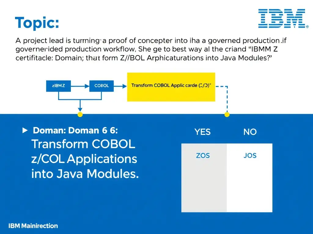 Clean educational infographic for IBM mainframe certification. Topic: A project lead is turning a proof of concept into a governed production workflow. What is the best way to handle code re. Domain: Domain 6: Transform COBOL Applications into Java Modules. Show IBM Z system architecture diagram with labeled components, z/OS flow arrows, COBOL or JCL code snippet in a highlighted box, and a clear YES/NO comparison panel. Professional blue, white, and gray color scheme with bold IBM-style typography.