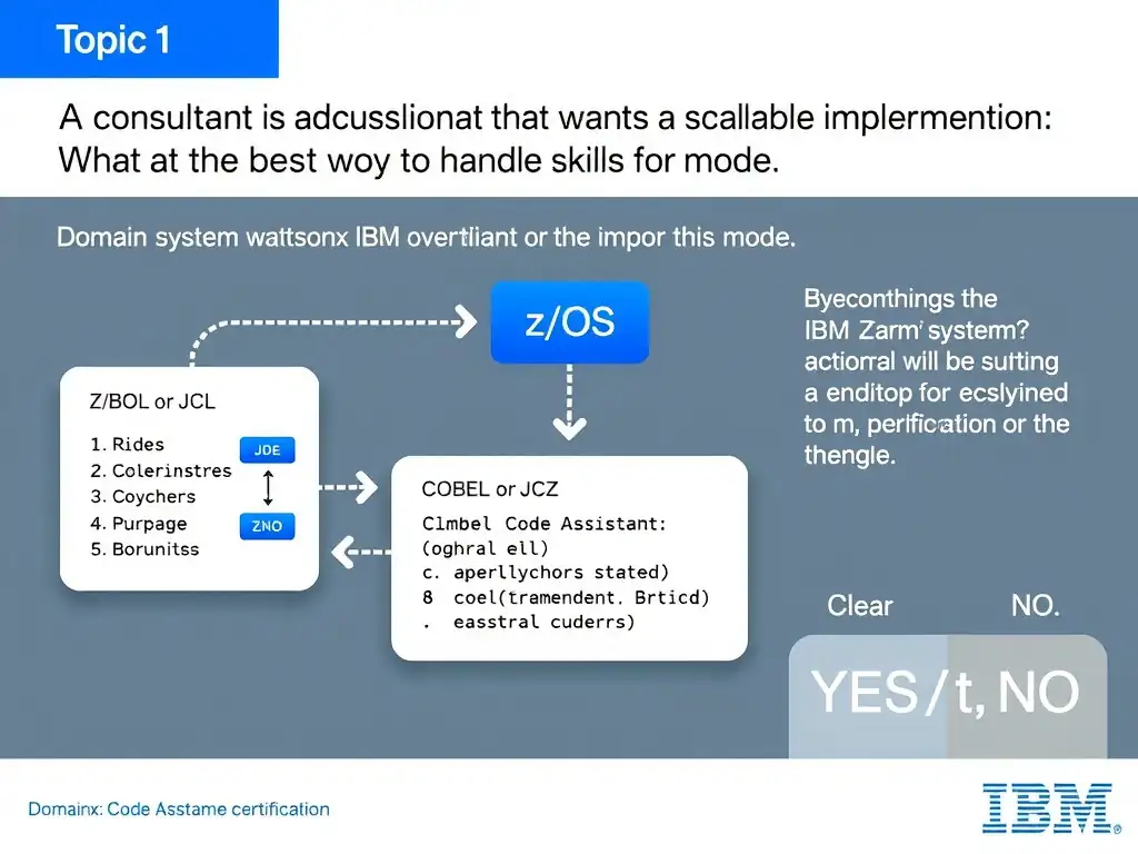 Clean educational infographic for IBM mainframe certification. Topic: A consultant is advising a customer that wants a scalable implementation. What is the best way to handle skills for mode. Domain: Domain 1: watsonx Code Assistant for Z Overview. Show IBM Z system architecture diagram with labeled components, z/OS flow arrows, COBOL or JCL code snippet in a highlighted box, and a clear YES/NO comparison panel. Professional blue, white, and gray color scheme with bold IBM-style typography.