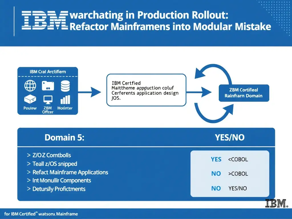 Clean educational infographic for IBM mainframe certification. Topic: A team is preparing a production rollout and needs to avoid a design mistake. For IBM Certified watsonx Mainframe Modern. Domain: Domain 5: Refactor Mainframe Applications into Modular Components. Show IBM Z system architecture diagram with labeled components, z/OS flow arrows, COBOL or JCL code snippet in a highlighted box, and a clear YES/NO comparison panel. Professional blue, white, and gray color scheme with bold IBM-style typography.