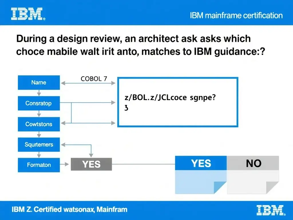 Clean educational infographic for IBM mainframe certification. Topic: During a design review, an architect asks which choice best matches the IBM guidance. For IBM Certified watsonx Mainfram. Domain: Domain 7: Validate Transformed Code. Show IBM Z system architecture diagram with labeled components, z/OS flow arrows, COBOL or JCL code snippet in a highlighted box, and a clear YES/NO comparison panel. Professional blue, white, and gray color scheme with bold IBM-style typography.