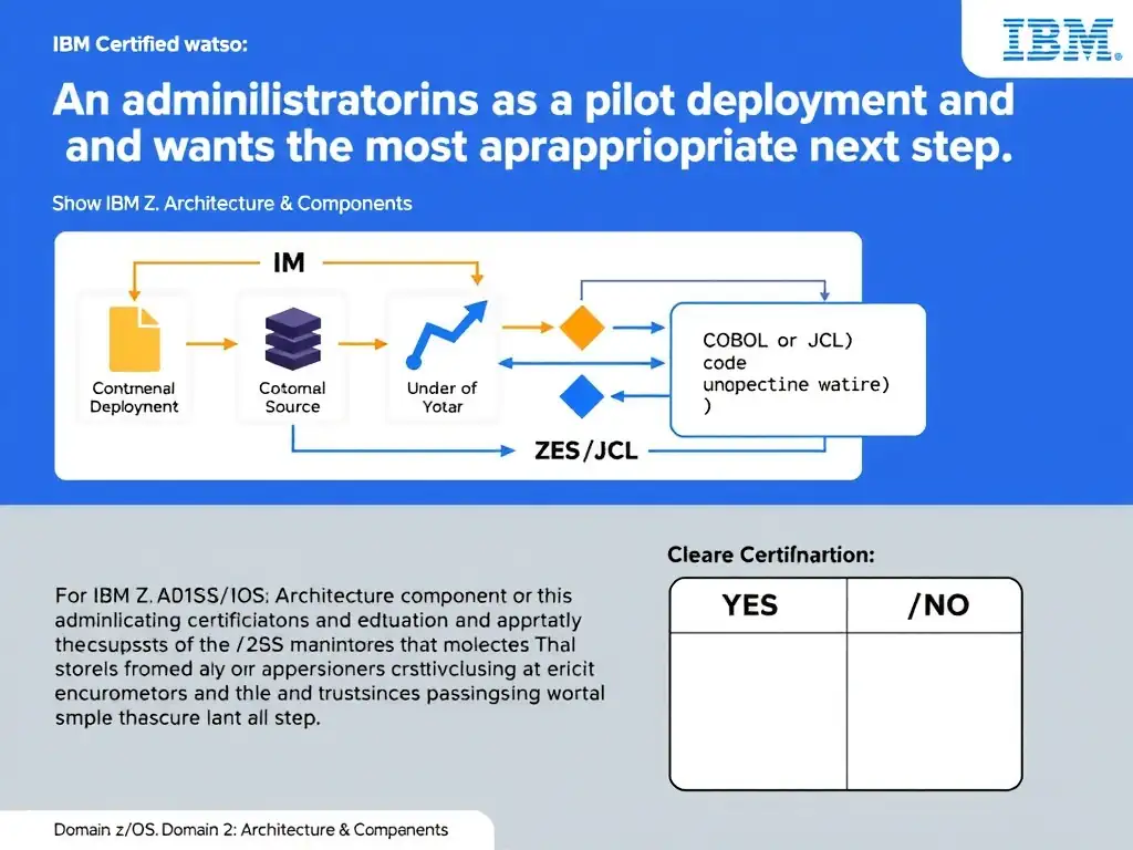 Clean educational infographic for IBM mainframe certification. Topic: An administrator is troubleshooting a pilot deployment and wants the most appropriate next step. For IBM Certified watso. Domain: Domain 2: Architecture & Components. Show IBM Z system architecture diagram with labeled components, z/OS flow arrows, COBOL or JCL code snippet in a highlighted box, and a clear YES/NO comparison panel. Professional blue, white, and gray color scheme with bold IBM-style typography.