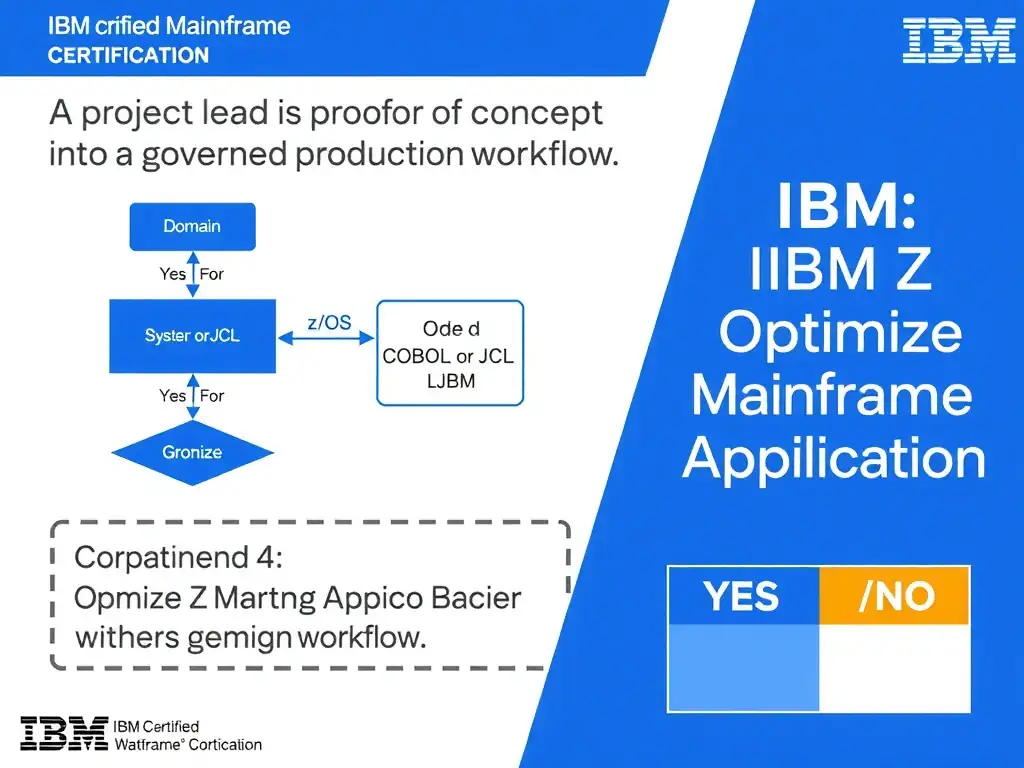 Clean educational infographic for IBM mainframe certification. Topic: A project lead is turning a proof of concept into a governed production workflow. For IBM Certified watsonx Mainframe Mo. Domain: Domain 4: Optimize Mainframe Applications. Show IBM Z system architecture diagram with labeled components, z/OS flow arrows, COBOL or JCL code snippet in a highlighted box, and a clear YES/NO comparison panel. Professional blue, white, and gray color scheme with bold IBM-style typography.