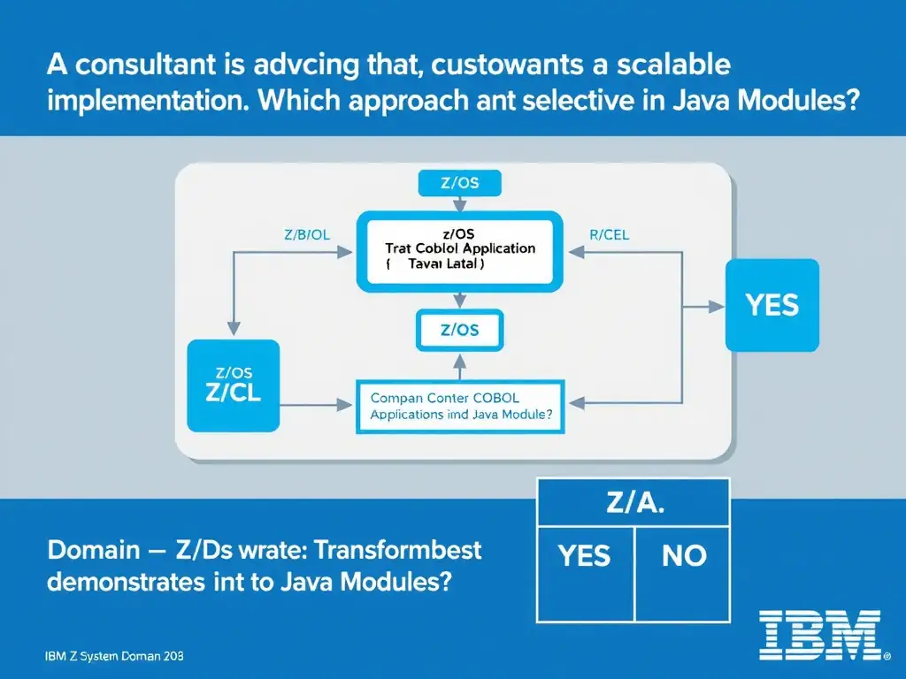 Clean educational infographic for IBM mainframe certification. Topic: A consultant is advising a customer that wants a scalable implementation. Which approach best demonstrates selective tra. Domain: Domain 6: Transform COBOL Applications into Java Modules. Show IBM Z system architecture diagram with labeled components, z/OS flow arrows, COBOL or JCL code snippet in a highlighted box, and a clear YES/NO comparison panel. Professional blue, white, and gray color scheme with bold IBM-style typography.