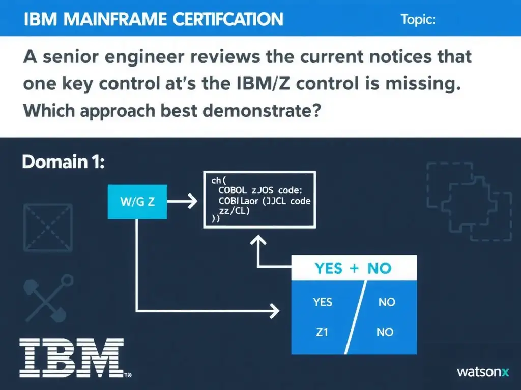 Clean educational infographic for IBM mainframe certification. Topic: A senior engineer reviews the current plan and notices that one key control is missing. Which approach best demonstrates. Domain: Domain 1: watsonx Code Assistant for Z Overview. Show IBM Z system architecture diagram with labeled components, z/OS flow arrows, COBOL or JCL code snippet in a highlighted box, and a clear YES/NO comparison panel. Professional blue, white, and gray color scheme with bold IBM-style typography.
