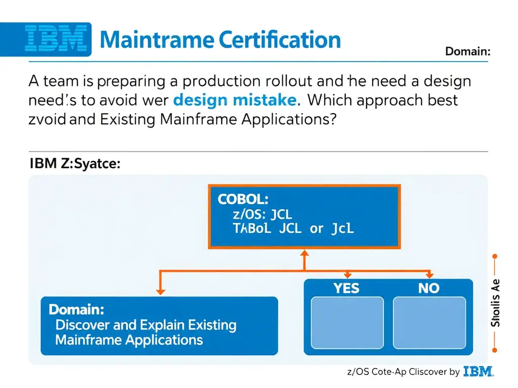 Clean educational infographic for IBM mainframe certification. Topic: A team is preparing a production rollout and needs to avoid a design mistake. Which approach best demonstrates applicati. Domain: Domain 3: Discover and Explain Existing Mainframe Applications. Show IBM Z system architecture diagram with labeled components, z/OS flow arrows, COBOL or JCL code snippet in a highlighted box, and a clear YES/NO comparison panel. Professional blue, white, and gray color scheme with bold IBM-style typography.