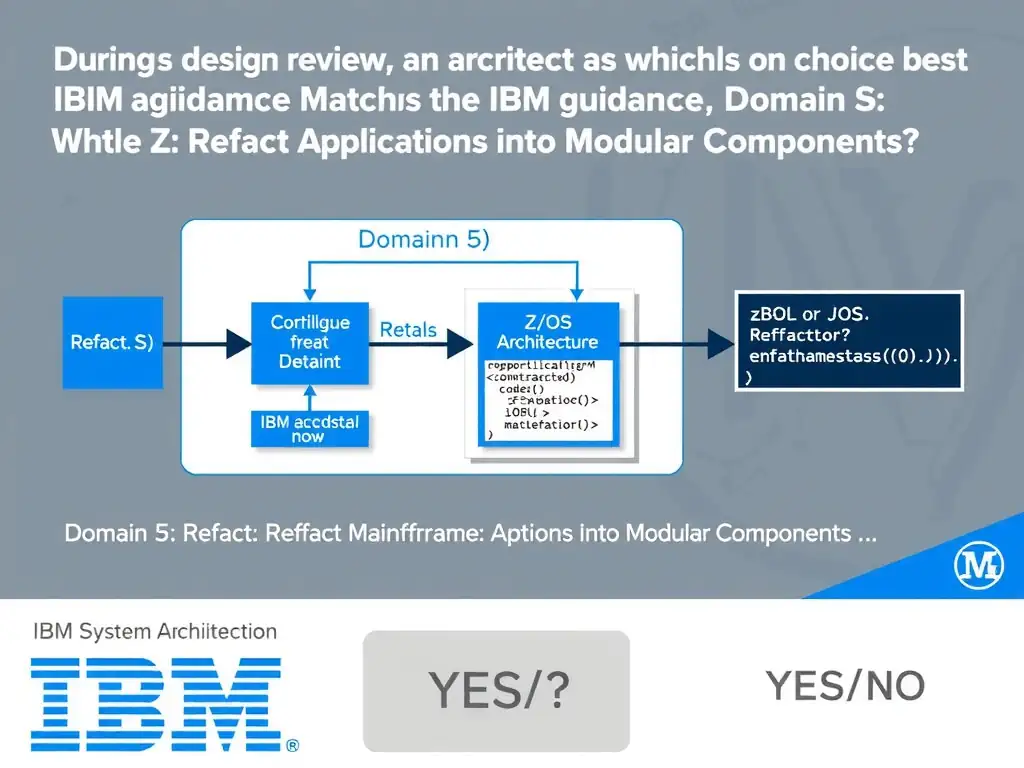 Clean educational infographic for IBM mainframe certification. Topic: During a design review, an architect asks which choice best matches the IBM guidance. Which approach best demonstrates S. Domain: Domain 5: Refactor Mainframe Applications into Modular Components. Show IBM Z system architecture diagram with labeled components, z/OS flow arrows, COBOL or JCL code snippet in a highlighted box, and a clear YES/NO comparison panel. Professional blue, white, and gray color scheme with bold IBM-style typography.