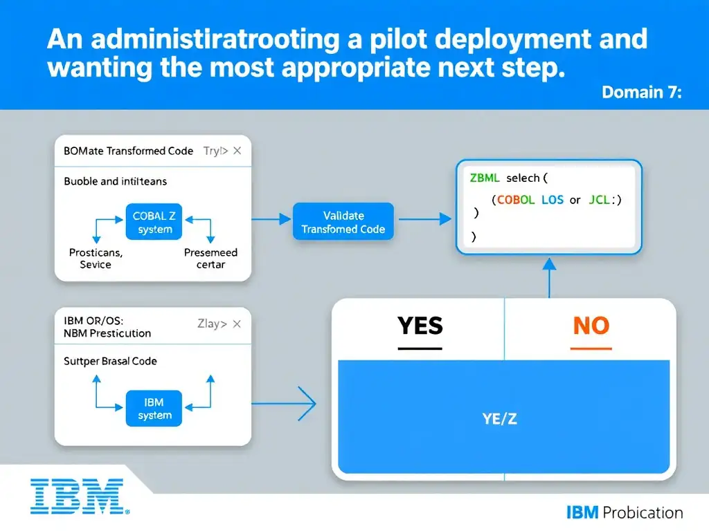 Clean educational infographic for IBM mainframe certification. Topic: An administrator is troubleshooting a pilot deployment and wants the most appropriate next step. The team is focused on. Domain: Domain 7: Validate Transformed Code. Show IBM Z system architecture diagram with labeled components, z/OS flow arrows, COBOL or JCL code snippet in a highlighted box, and a clear YES/NO comparison panel. Professional blue, white, and gray color scheme with bold IBM-style typography.