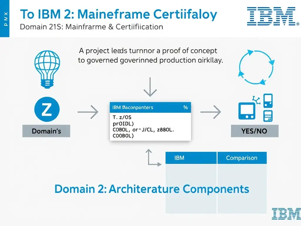 Clean educational infographic for IBM mainframe certification. Topic: A project lead is turning a proof of concept into a governed production workflow. The team is focused on component insta. Domain: Domain 2: Architecture & Components. Show IBM Z system architecture diagram with labeled components, z/OS flow arrows, COBOL or JCL code snippet in a highlighted box, and a clear YES/NO comparison panel. Professional blue, white, and gray color scheme with bold IBM-style typography.