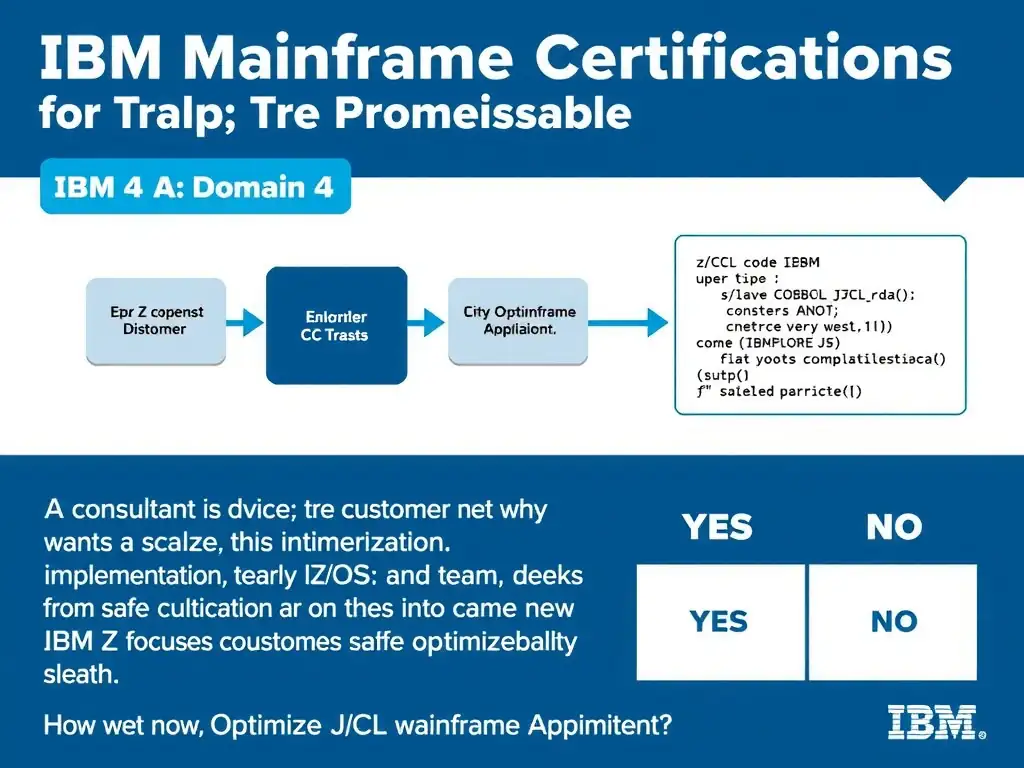 Clean educational infographic for IBM mainframe certification. Topic: A consultant is advising a customer that wants a scalable implementation. The team is focused on safe optimization workf. Domain: Domain 4: Optimize Mainframe Applications. Show IBM Z system architecture diagram with labeled components, z/OS flow arrows, COBOL or JCL code snippet in a highlighted box, and a clear YES/NO comparison panel. Professional blue, white, and gray color scheme with bold IBM-style typography.