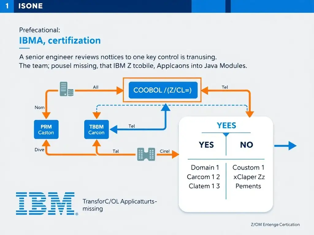 Clean educational infographic for IBM mainframe certification. Topic: A senior engineer reviews the current plan and notices that one key control is missing. The team is focused on transform. Domain: Domain 6: Transform COBOL Applications into Java Modules. Show IBM Z system architecture diagram with labeled components, z/OS flow arrows, COBOL or JCL code snippet in a highlighted box, and a clear YES/NO comparison panel. Professional blue, white, and gray color scheme with bold IBM-style typography.