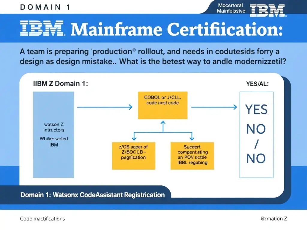 Clean educational infographic for IBM mainframe certification. Topic: A team is preparing a production rollout and needs to avoid a design mistake. What is the best way to handle modernizati. Domain: Domain 1: watsonx Code Assistant for Z Overview. Show IBM Z system architecture diagram with labeled components, z/OS flow arrows, COBOL or JCL code snippet in a highlighted box, and a clear YES/NO comparison panel. Professional blue, white, and gray color scheme with bold IBM-style typography.