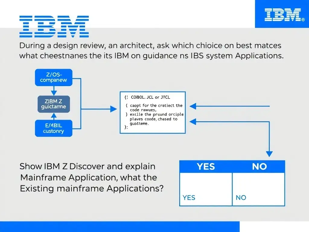 Clean educational infographic for IBM mainframe certification. Topic: During a design review, an architect asks which choice best matches the IBM guidance. What is the best way to handle cod. Domain: Domain 3: Discover and Explain Existing Mainframe Applications. Show IBM Z system architecture diagram with labeled components, z/OS flow arrows, COBOL or JCL code snippet in a highlighted box, and a clear YES/NO comparison panel. Professional blue, white, and gray color scheme with bold IBM-style typography.