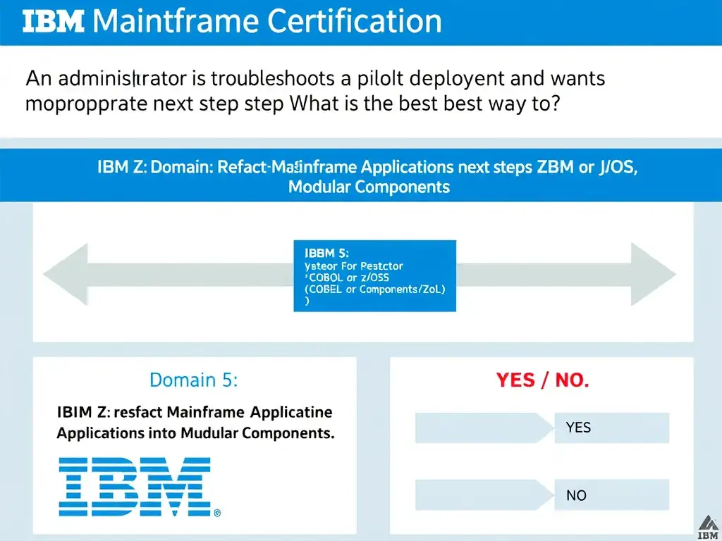 Clean educational infographic for IBM mainframe certification. Topic: An administrator is troubleshooting a pilot deployment and wants the most appropriate next step. What is the best way to. Domain: Domain 5: Refactor Mainframe Applications into Modular Components. Show IBM Z system architecture diagram with labeled components, z/OS flow arrows, COBOL or JCL code snippet in a highlighted box, and a clear YES/NO comparison panel. Professional blue, white, and gray color scheme with bold IBM-style typography.