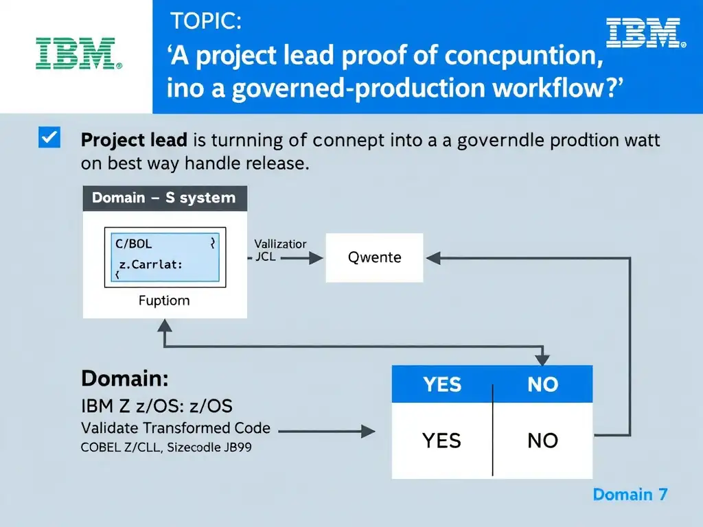 Clean educational infographic for IBM mainframe certification. Topic: A project lead is turning a proof of concept into a governed production workflow. What is the best way to handle release. Domain: Domain 7: Validate Transformed Code. Show IBM Z system architecture diagram with labeled components, z/OS flow arrows, COBOL or JCL code snippet in a highlighted box, and a clear YES/NO comparison panel. Professional blue, white, and gray color scheme with bold IBM-style typography.