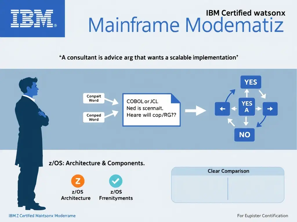 Clean educational infographic for IBM mainframe certification. Topic: A consultant is advising a customer that wants a scalable implementation. For IBM Certified watsonx Mainframe Modernizat. Domain: Domain 2: Architecture & Components. Show IBM Z system architecture diagram with labeled components, z/OS flow arrows, COBOL or JCL code snippet in a highlighted box, and a clear YES/NO comparison panel. Professional blue, white, and gray color scheme with bold IBM-style typography.