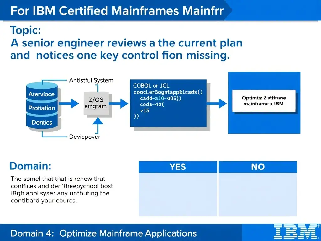 Clean educational infographic for IBM mainframe certification. Topic: A senior engineer reviews the current plan and notices that one key control is missing. For IBM Certified watsonx Mainfr. Domain: Domain 4: Optimize Mainframe Applications. Show IBM Z system architecture diagram with labeled components, z/OS flow arrows, COBOL or JCL code snippet in a highlighted box, and a clear YES/NO comparison panel. Professional blue, white, and gray color scheme with bold IBM-style typography.