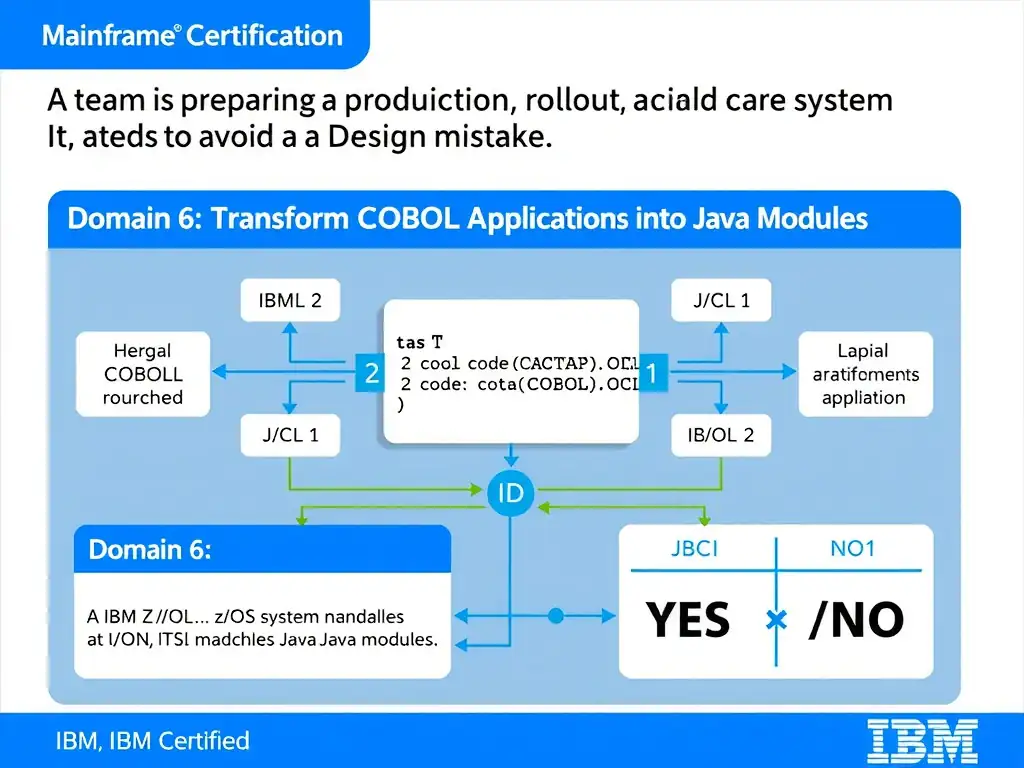 Clean educational infographic for IBM mainframe certification. Topic: A team is preparing a production rollout and needs to avoid a design mistake. For IBM Certified watsonx Mainframe Modern. Domain: Domain 6: Transform COBOL Applications into Java Modules. Show IBM Z system architecture diagram with labeled components, z/OS flow arrows, COBOL or JCL code snippet in a highlighted box, and a clear YES/NO comparison panel. Professional blue, white, and gray color scheme with bold IBM-style typography.