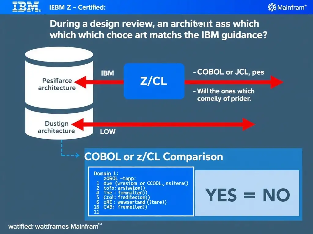Clean educational infographic for IBM mainframe certification. Topic: During a design review, an architect asks which choice best matches the IBM guidance. For IBM Certified watsonx Mainfram. Domain: Domain 1: watsonx Code Assistant for Z Overview. Show IBM Z system architecture diagram with labeled components, z/OS flow arrows, COBOL or JCL code snippet in a highlighted box, and a clear YES/NO comparison panel. Professional blue, white, and gray color scheme with bold IBM-style typography.