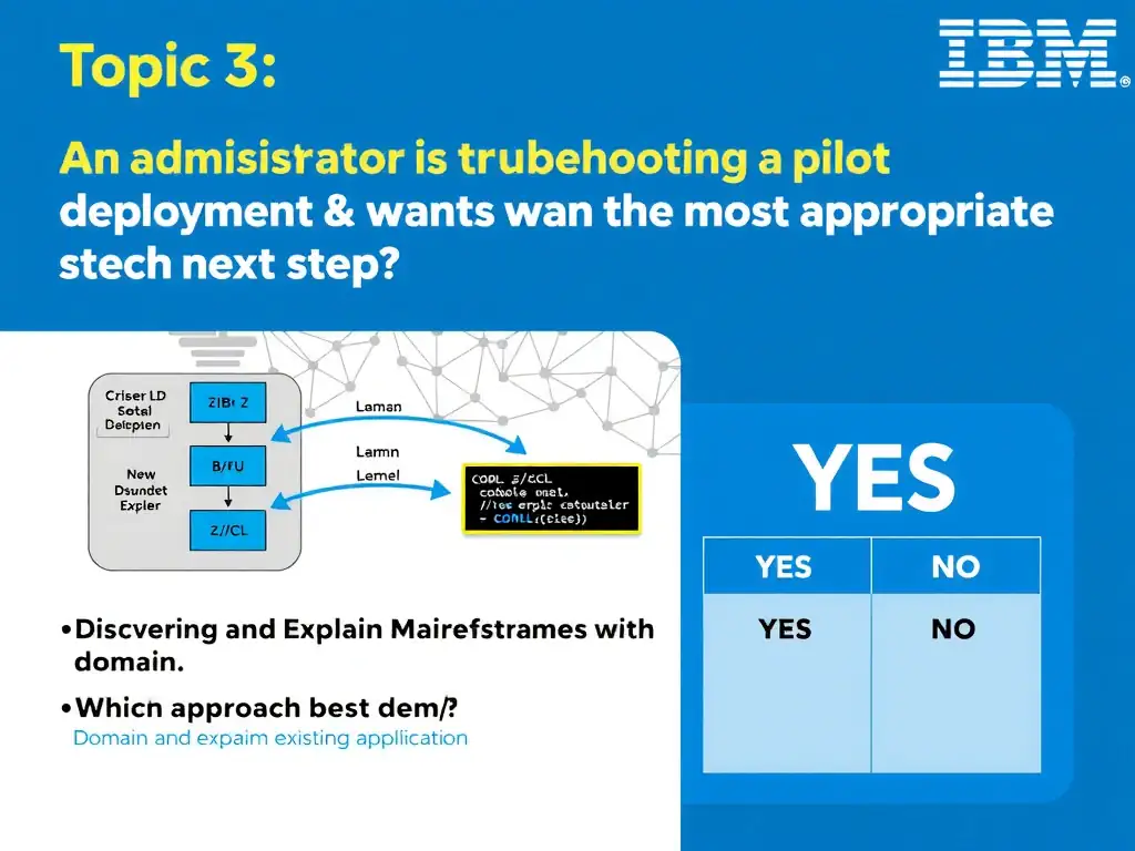 Clean educational infographic for IBM mainframe certification. Topic: An administrator is troubleshooting a pilot deployment and wants the most appropriate next step. Which approach best dem. Domain: Domain 3: Discover and Explain Existing Mainframe Applications. Show IBM Z system architecture diagram with labeled components, z/OS flow arrows, COBOL or JCL code snippet in a highlighted box, and a clear YES/NO comparison panel. Professional blue, white, and gray color scheme with bold IBM-style typography.