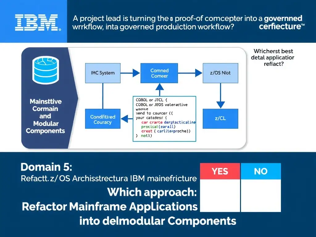 Clean educational infographic for IBM mainframe certification. Topic: A project lead is turning a proof of concept into a governed production workflow. Which approach best demonstrates refac. Domain: Domain 5: Refactor Mainframe Applications into Modular Components. Show IBM Z system architecture diagram with labeled components, z/OS flow arrows, COBOL or JCL code snippet in a highlighted box, and a clear YES/NO comparison panel. Professional blue, white, and gray color scheme with bold IBM-style typography.