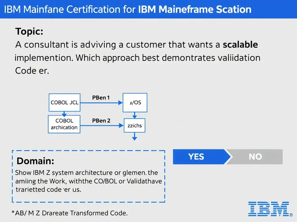 Clean educational infographic for IBM mainframe certification. Topic: A consultant is advising a customer that wants a scalable implementation. Which approach best demonstrates validation er. Domain: Domain 7: Validate Transformed Code. Show IBM Z system architecture diagram with labeled components, z/OS flow arrows, COBOL or JCL code snippet in a highlighted box, and a clear YES/NO comparison panel. Professional blue, white, and gray color scheme with bold IBM-style typography.