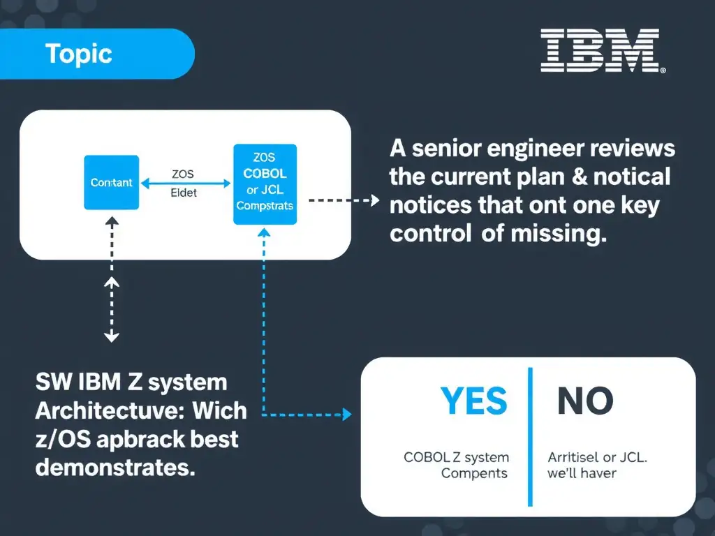 Clean educational infographic for IBM mainframe certification. Topic: A senior engineer reviews the current plan and notices that one key control is missing. Which approach best demonstrates. Domain: Domain 2: Architecture & Components. Show IBM Z system architecture diagram with labeled components, z/OS flow arrows, COBOL or JCL code snippet in a highlighted box, and a clear YES/NO comparison panel. Professional blue, white, and gray color scheme with bold IBM-style typography.