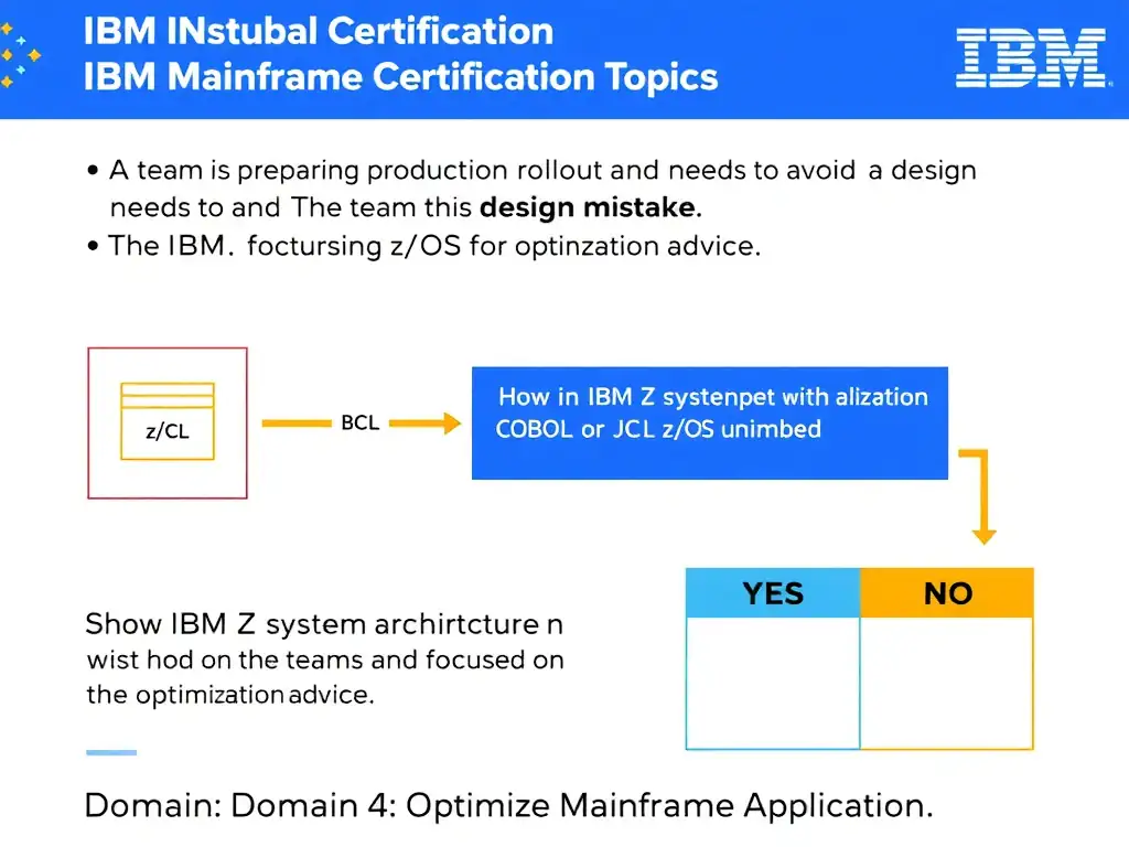 Clean educational infographic for IBM mainframe certification. Topic: A team is preparing a production rollout and needs to avoid a design mistake. The team is focused on optimization advice. Domain: Domain 4: Optimize Mainframe Applications. Show IBM Z system architecture diagram with labeled components, z/OS flow arrows, COBOL or JCL code snippet in a highlighted box, and a clear YES/NO comparison panel. Professional blue, white, and gray color scheme with bold IBM-style typography.