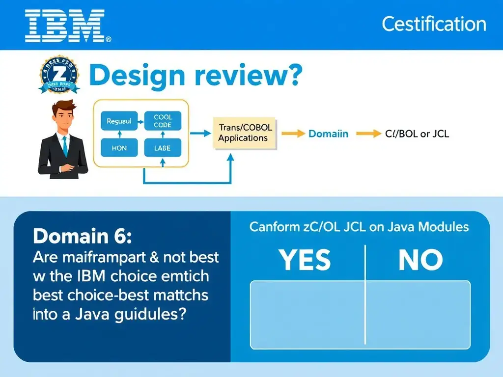 Clean educational infographic for IBM mainframe certification. Topic: During a design review, an architect asks which choice best matches the IBM guidance. The team is focused on code rewrit. Domain: Domain 6: Transform COBOL Applications into Java Modules. Show IBM Z system architecture diagram with labeled components, z/OS flow arrows, COBOL or JCL code snippet in a highlighted box, and a clear YES/NO comparison panel. Professional blue, white, and gray color scheme with bold IBM-style typography.