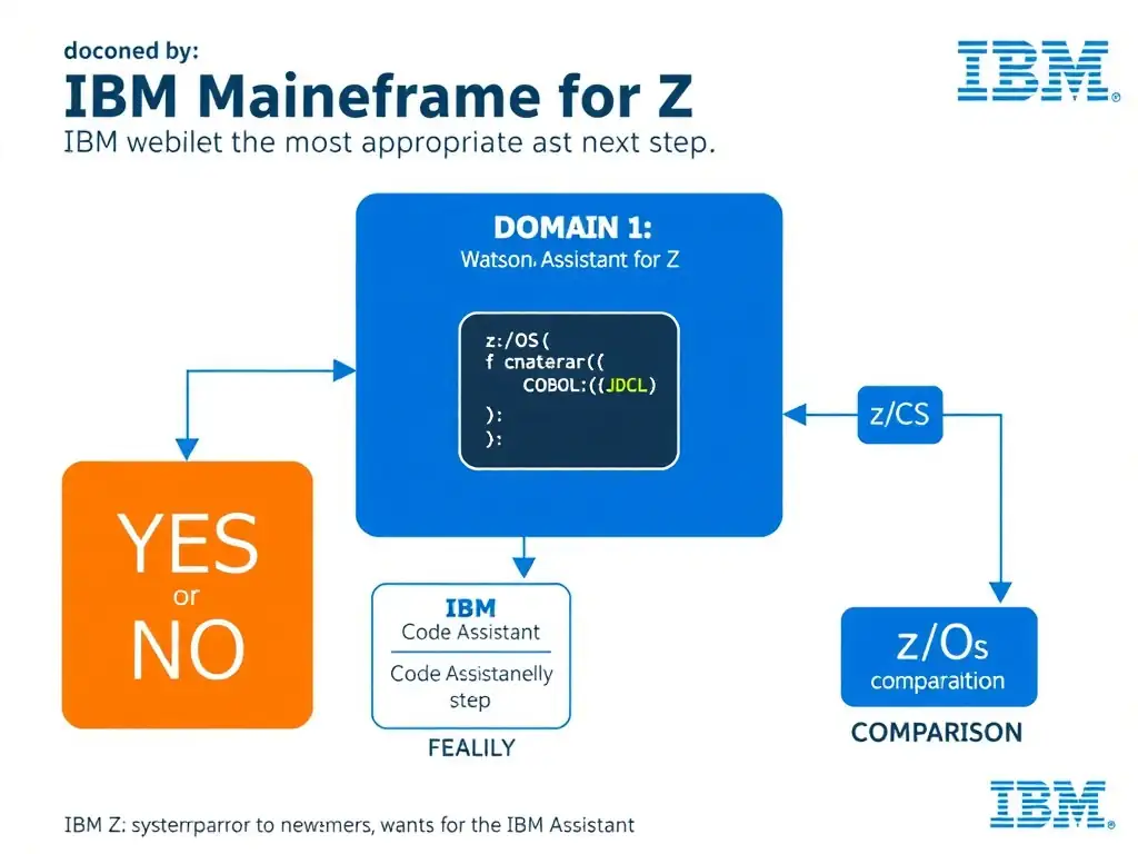Clean educational infographic for IBM mainframe certification. Topic: An administrator is troubleshooting a pilot deployment and wants the most appropriate next step. The team is focused on. Domain: Domain 1: watsonx Code Assistant for Z Overview. Show IBM Z system architecture diagram with labeled components, z/OS flow arrows, COBOL or JCL code snippet in a highlighted box, and a clear YES/NO comparison panel. Professional blue, white, and gray color scheme with bold IBM-style typography.