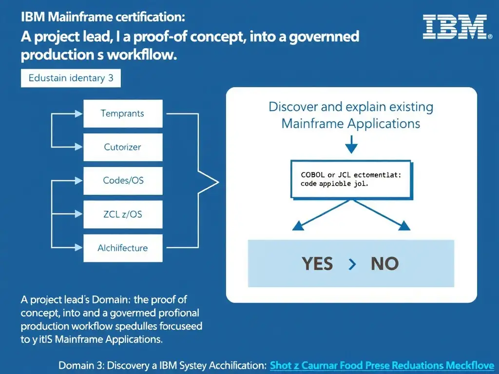 Clean educational infographic for IBM mainframe certification. Topic: A project lead is turning a proof of concept into a governed production workflow. The team is focused on module identifi. Domain: Domain 3: Discover and Explain Existing Mainframe Applications. Show IBM Z system architecture diagram with labeled components, z/OS flow arrows, COBOL or JCL code snippet in a highlighted box, and a clear YES/NO comparison panel. Professional blue, white, and gray color scheme with bold IBM-style typography.