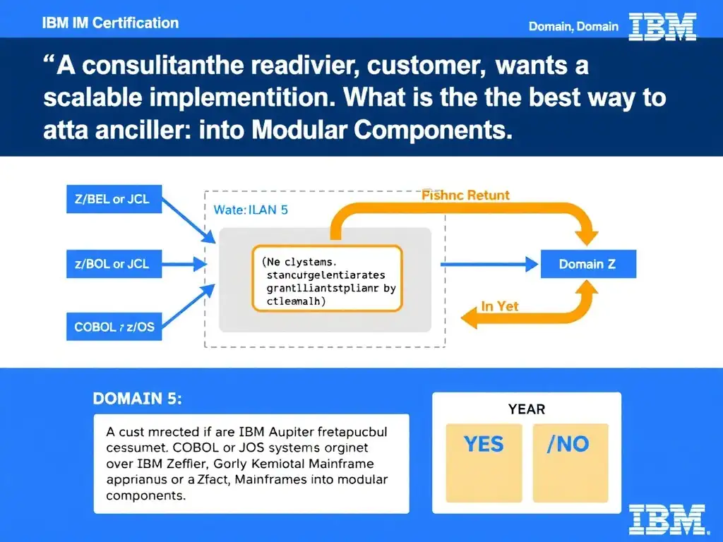 Clean educational infographic for IBM mainframe certification. Topic: A consultant is advising a customer that wants a scalable implementation. What is the best way to handle refactoring use. Domain: Domain 5: Refactor Mainframe Applications into Modular Components. Show IBM Z system architecture diagram with labeled components, z/OS flow arrows, COBOL or JCL code snippet in a highlighted box, and a clear YES/NO comparison panel. Professional blue, white, and gray color scheme with bold IBM-style typography.