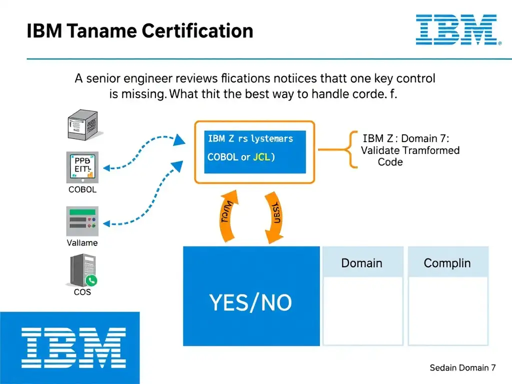 Clean educational infographic for IBM mainframe certification. Topic: A senior engineer reviews the current plan and notices that one key control is missing. What is the best way to handle f. Domain: Domain 7: Validate Transformed Code. Show IBM Z system architecture diagram with labeled components, z/OS flow arrows, COBOL or JCL code snippet in a highlighted box, and a clear YES/NO comparison panel. Professional blue, white, and gray color scheme with bold IBM-style typography.