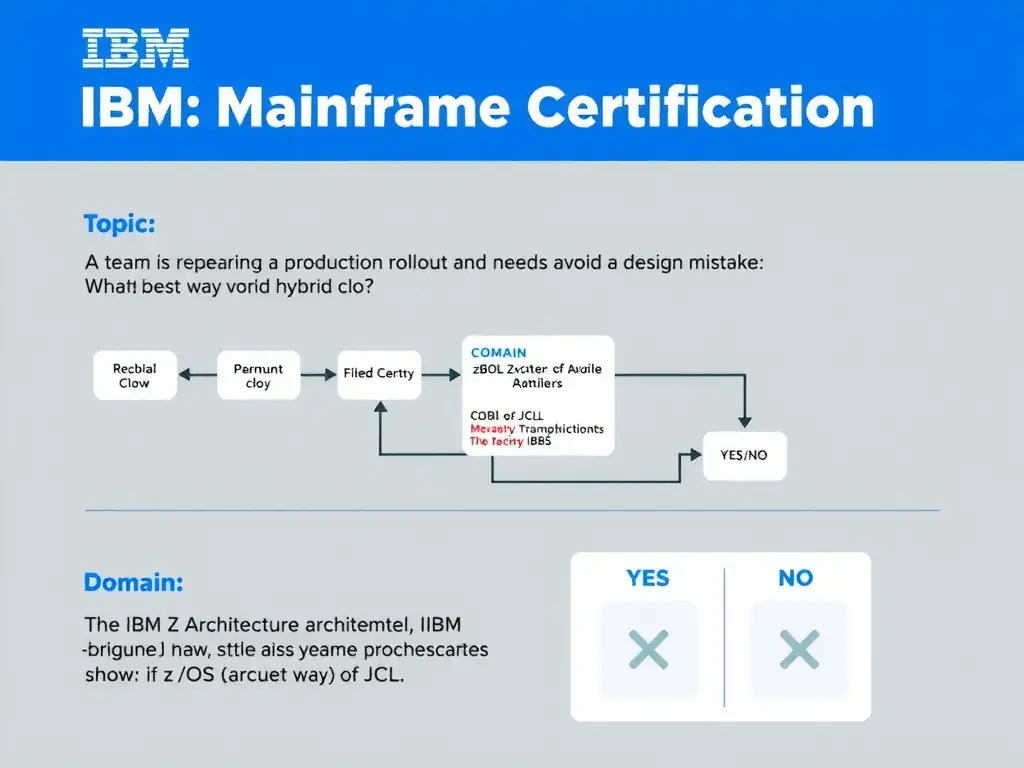 Clean educational infographic for IBM mainframe certification. Topic: A team is preparing a production rollout and needs to avoid a design mistake. What is the best way to handle hybrid clou. Domain: Domain 2: Architecture & Components. Show IBM Z system architecture diagram with labeled components, z/OS flow arrows, COBOL or JCL code snippet in a highlighted box, and a clear YES/NO comparison panel. Professional blue, white, and gray color scheme with bold IBM-style typography.